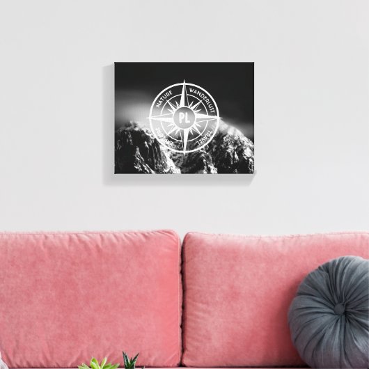 Compass star embleem monogram dramatische bergen canvas afdruk (Insitu (Woonkamer))