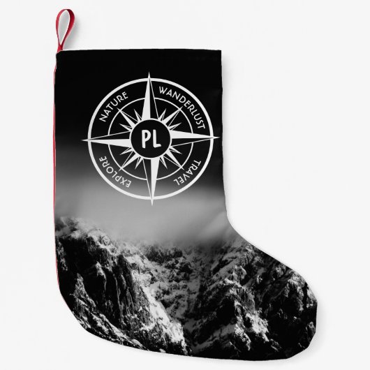 Compass star embleem monogram dramatische bergen kleine kerstsok (Voorkant)