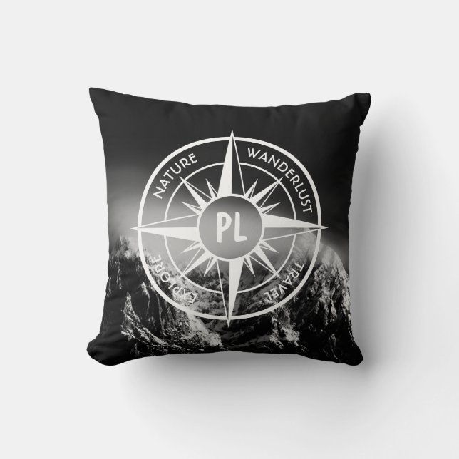 Compass star embleem monogram dramatische bergen kussen (Voorkant)