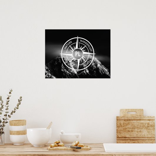 Compass star embleem monogram dramatische bergen poster (Keuken)