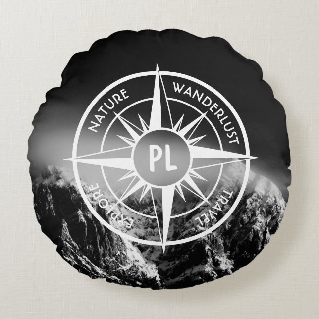 Compass star embleem monogram dramatische bergen rond kussen (Voorkant)