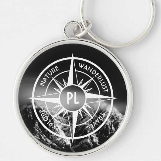 Compass star embleem monogram dramatische bergen sleutelhanger (Voorkant)