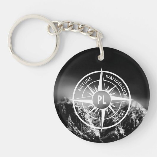 Compass star embleem monogram dramatische bergen sleutelhanger (Voorkant)
