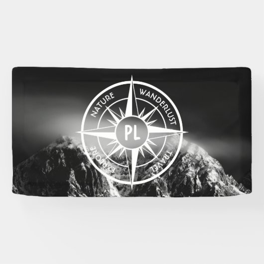 Compass star embleem monogram dramatische bergen spandoek (Horizontaal)