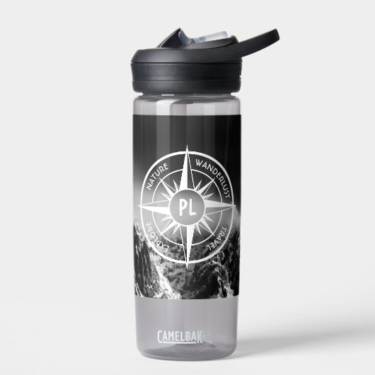 Compass star embleem monogram dramatische bergen waterfles (Links)