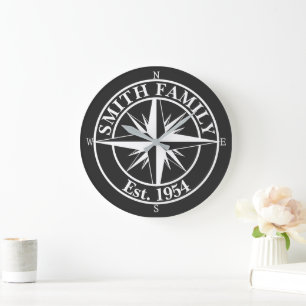 Compass star monogram, personaliseerbaar embleem grote klok