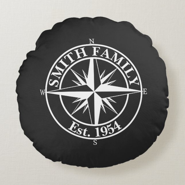 Compass star monogram, personaliseerbaar embleem rond kussen (Voorkant)