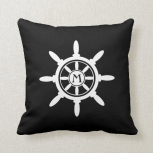 Compass & Wheel Nautical Monogram zwart wit Kussen