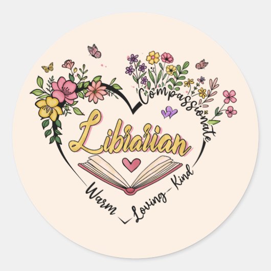 Compassionate Librarian – Floral Heart Design Ronde Sticker (Voorkant)