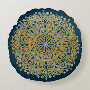 Complex Blauw & Gouden Mandala Rond Kussen