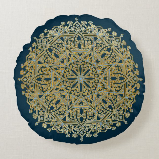 Complex Blauw & Gouden Mandala Rond Kussen (Voorkant)