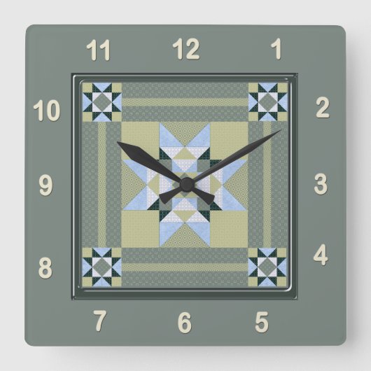 Complex Star Patch Quilt Block in Greens Vierkante Klok (Voorkant)