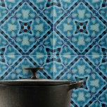 Complex zacht blauw en indigo geometrisch patroon tegeltje<br><div class="desc">Deze keramische tegel heeft een complex, symmetrisch caleidoscopisch patroon dat zich in harmonieuze herhaling ontvouwt, waardoor een fascinerend visueel effect ontstaat. Het ontwerp kenmerkt zich door diverse tinten blauw, van licht tot donker, die prachtig worden gecontrasteerd door grijze en zwarte accenten. Het patroon is samengesteld uit geometrische vormen die samenkomen...</div>