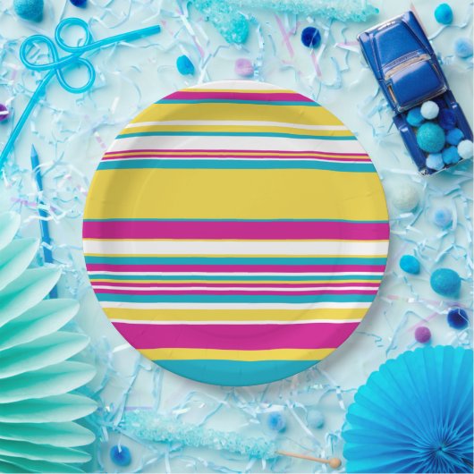 Complexe strepen — Turquoise, Geel, Roze en wit Papieren Bordje (Feest)