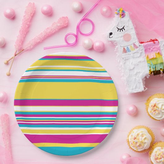 Complexe strepen — Turquoise, Geel, Roze en wit Papieren Bordje (Feest)