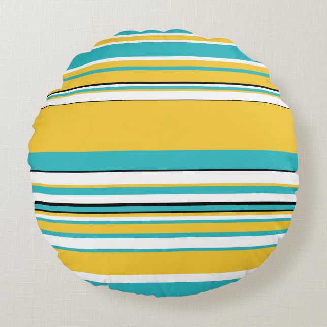 Complexe stripes — Turquoise en Geel Rond Kussen (Voorkant)
