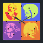 Composer Pop Art Music Clock Vierkante Klok<br><div class="desc">Hang deze ultracoole popart muziekklok op met foto's van Brahms,  Mozart,  Beethoven en Bach in een kantoor,  muziekkamer,  hol of andere kamer in je huis.  Geweldig cadeauidee voor een muziekleraar.</div>