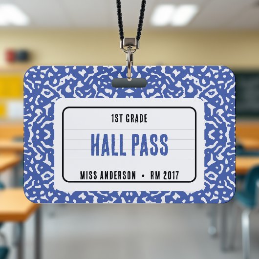 Compositie schrift klas hall pass blauw badge