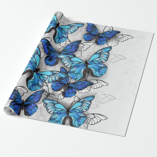 Compositie van witte en blauwe vlinders cadeaupapier (Uitgerold)