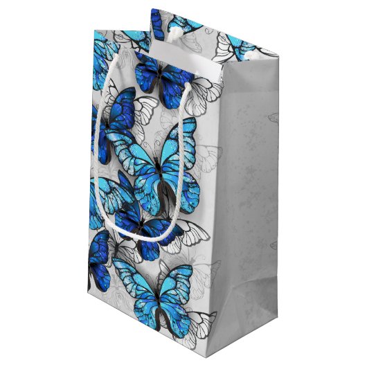Compositie van witte en blauwe vlinders klein cadeauzakje (Achterkant Gekanteld)
