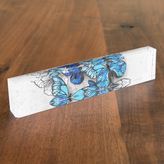 Compositie van witte en blauwe vlinders naambordje (Zijkant)
