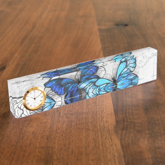 Compositie van witte en blauwe vlinders naambordje (Zijkant)