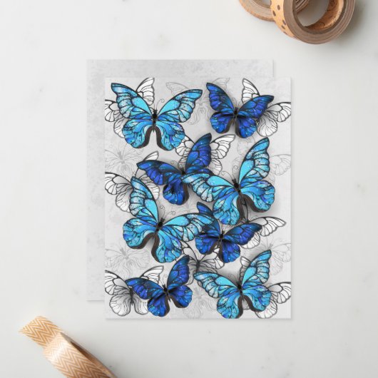 Compositie van witte en blauwe vlinders notitiekaartje (Voorkant / Achterkant in situ)
