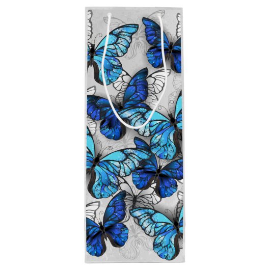 Compositie van witte en blauwe vlinders wijn cadeautas (Achterkant)