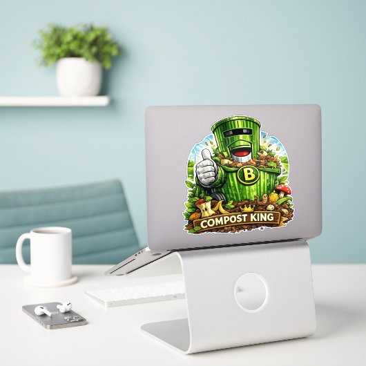 Compost Koning - Waterdichte Sticker voor Afvalcon (Laptop op bureau)
