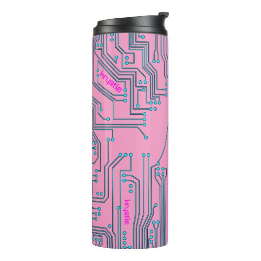 Computer Chip Nerd Black roze blauwe tekstnaam Thermosbeker (Gedraaid links)