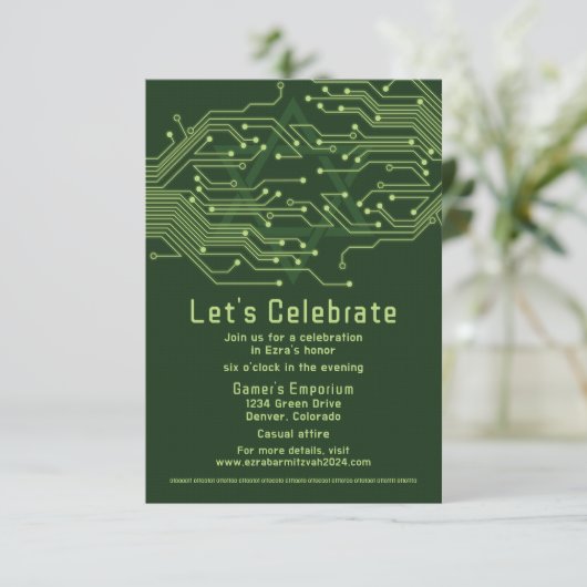 Computer Circuit Board Bar Mitzvah Receptie Informatiekaartje (Staand voorkant)