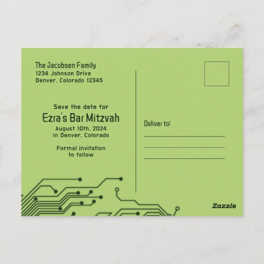 Computer Circuit Board Bar Mitzvah Sla de datum op Briefkaart (Achterkant)
