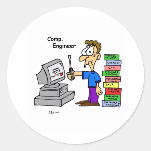 Computer Engineer Cartoon Ronde Sticker (Voorkant)