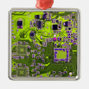 Computer Geek Circuit Board Neon Yellow Metalen Ornament