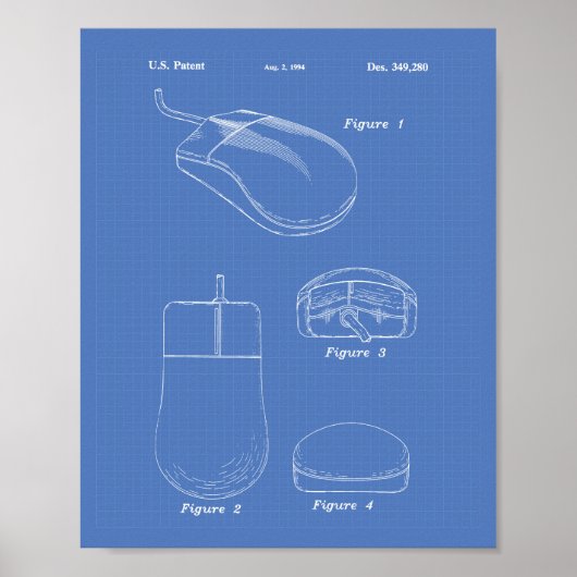 Computer Mouse 1994 Patent Art Blueprint Poster (Voorkant)