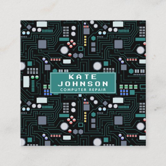 Computer Repair Circuit Board QR Code Vierkante Visitekaartje (Voorkant)