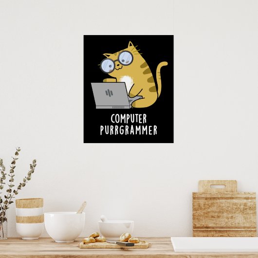 Computer Spint-grammer Funny Cat Pun Dark BG Poster (Keuken)