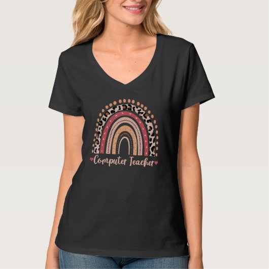 Computer Teacher Leopard Rainbow Boho T-shirt (Voorkant)