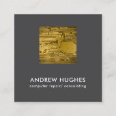 Computerconsultant met moderne gele circuits vierkante visitekaartje (Voorkant)