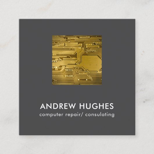 Computerconsultant met moderne gele circuits vierkante visitekaartje (Voorkant)