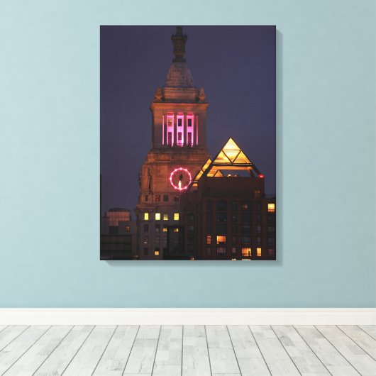Con Edison Clock Tower verlicht in roze bij Twilig Canvas Afdruk (Insitu (Houten vloer))