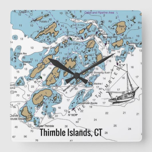 Con Nautical Chart Thimble Islands Vierkante Klok (Voorkant)