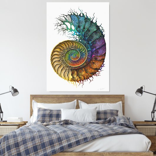 Concept Fossil Ammoniet in levendige inktkleuren Canvas Afdruk (Insitu (Slaapkamer))