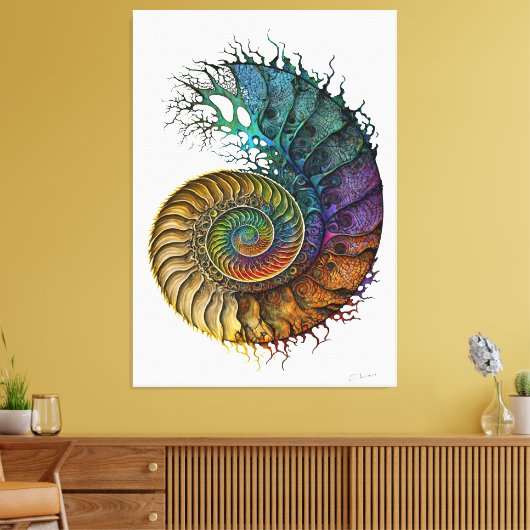 Concept Fossil Ammoniet in levendige inktkleuren Canvas Afdruk (Insitu (Woonkamer))