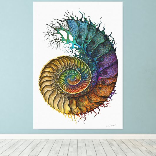 Concept Fossil Ammoniet in levendige inktkleuren Canvas Afdruk (Insitu (Houten vloer))