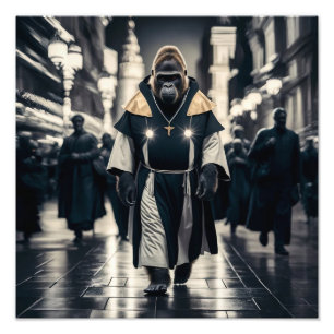 Conceptuele kunstmuur: Gorilla in monastieke gewad Foto Afdruk