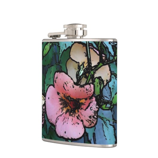 Conceptuele roze bloemen en bladeren uniek heupfles (Links)