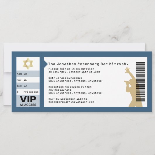 Concert Ticket Bar Mitzvah Invitation Navy Blue Kaart (Voorkant)