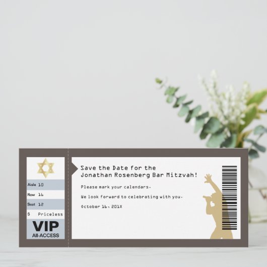 Concert Ticket Bar Mitzvah Save the Date in Bruin Kaart (Staand voorkant)