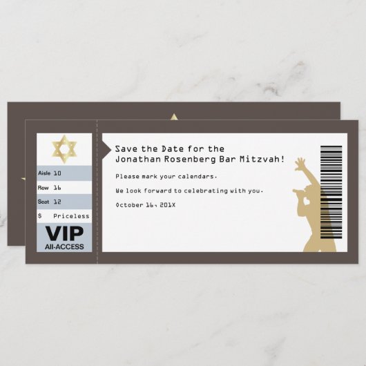 Concert Ticket Bar Mitzvah Save the Date in Bruin Kaart (Voorkant / Achterkant)